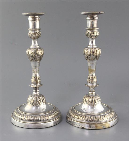 A pair of French Louis XV silver plated candlesticks, 28.5 cm.